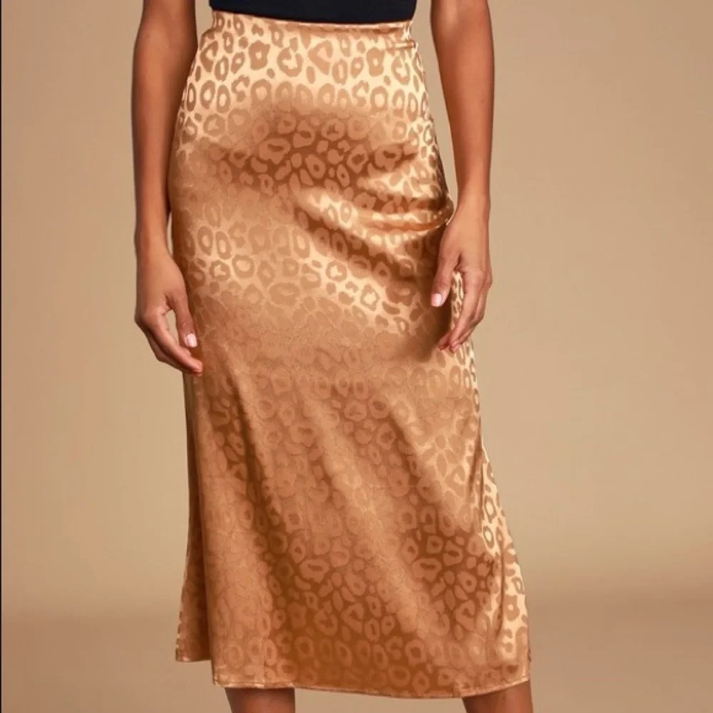JOA Light Brown Leopard Satin Midi Skirt